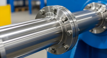 Obraz premium High quality stainless steel industrial pipe flange connection detail close up shot industrial equipment machinery engineering technology manufacturing process