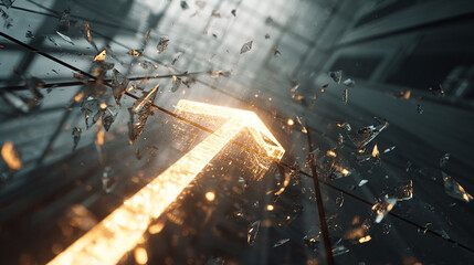 Arrow breaking through glass ceiling with glowing light around it.