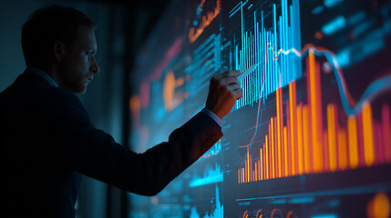 Businessman analyzing digital financial data on large transparent screen.