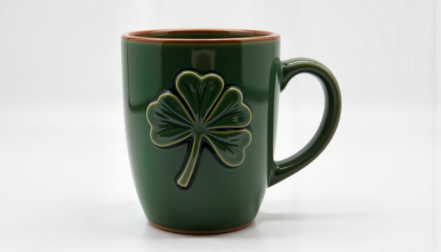 Ceramic mug with green glaze and embossed clover for St. Patrick's Day  