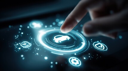 Automotive Technology Interface: Finger Touching Car Icon on Digital Screen for Vehicle Control