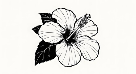 A black and white illustration of a hibiscus flower with leaves featuring bold outlines and stark contrast