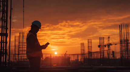 Civil engineer inspecting bridge construction at sunset