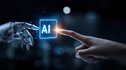 Human Finger Touching AI Interface Next to a Robot Hand Presenting Future Technology