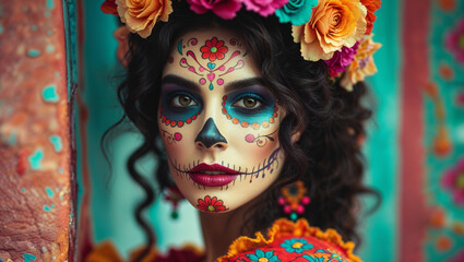 Stunning woman with sugar skull makeup and floral crown for Day of the Dead.
