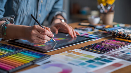 Obraz premium Creative designer drawing on tablet with color palette and mood board on desk.