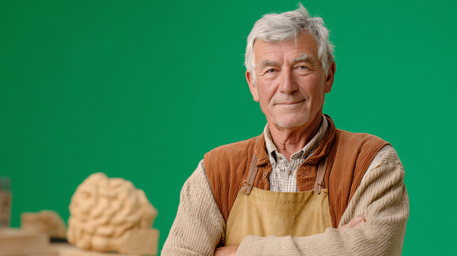 An experienced craftsman smiling proudly in his workshop, showcasing his passion for woodworking and artistry.