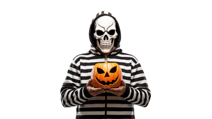 Spooky Halloween spirit with skull mask, striped hoodie, and glowing jack-o'-lantern in hand, ready for trick-or-treating fun and festive holiday celebrations