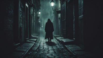 A cloaked figure walks alone through a dark, misty alley at night, creating an eerie atmosphere.