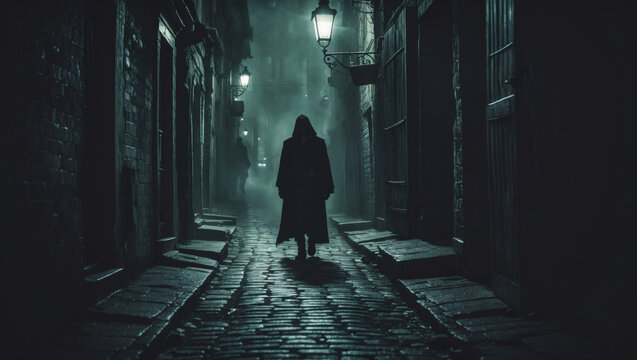 A cloaked figure walks alone through a dark, misty alley at night, creating an eerie atmosphere. - Powered by Adobe