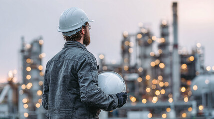 Engineer holding safety helmet and looking at oil refinery in the background