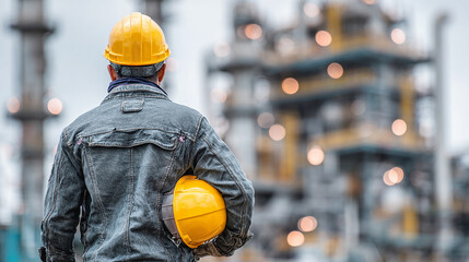 Engineer holding safety helmet and looking at oil refinery in the background