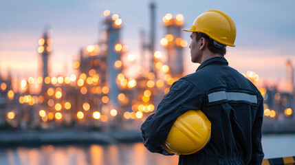 Engineer holding safety helmet and looking at oil refinery in the background