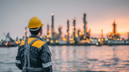 Engineer holding safety helmet and looking at oil refinery in the background