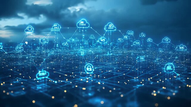 Cloud computing and digital network data security concept over city skyline