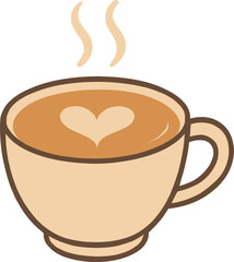 Warm cup of coffee with heart shaped latte art and steam