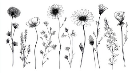 A detailed monochrome illustration showcases a diverse collection of wildflowers, each meticulously rendered to highlight their unique shapes and delicate textures against a plain background.