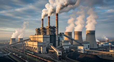 Industrial Power Plant Emitting Smoke, Cooling Towers and Railway Tracks