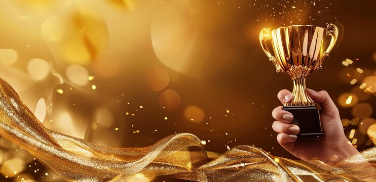 A scene of a hand holding a golden trophy, suitable for sports event promotions, company annual meeting award backdrops, commendation posters, etc.