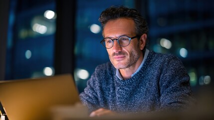 A man wearing glasses is illuminated by the light of a screen, possibly working late into the night, with a blurred background suggesting an urban environment.