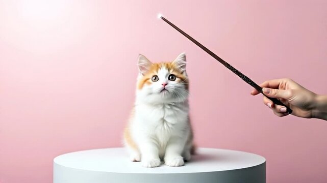 Cute bunny rabbit sits on a round white podium as a hand holding a magic wand zaps the animal and magically transforms into an adorable kitten, fun magic trick