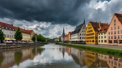 Fototapeta premium Germany, featuring beautiful water reflections in the rainy season by Nan, capturing the city’s historic charm and tranquil atmosphere.