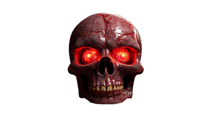 Terrifying skull with glowing red eyes staring intensely, perfect for horror themes, Halloween designs, and edgy artwork, conveying fear, death, and the macabre