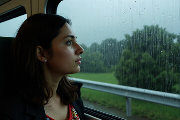 thoughtful woman looks out the window of a train or bus on a rainy day, contemplating her journey or feeling melancholic while commuting through the countryside