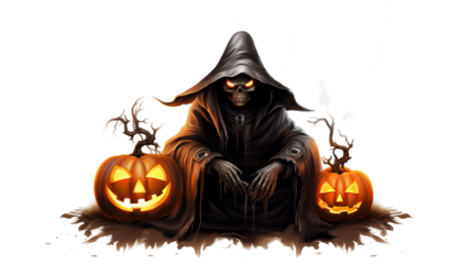 Terrifying grim reaper looming over glowing jack-o'-lanterns, perfect for spooky Halloween projects and designs, evokes chilling horror and dark fantasy themes