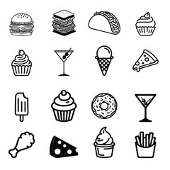 Black and White Fast Food and Dessert Icons Set – Burger, Pizza, Ice Cream, Cupcake, Donut, French Fries, and Drinks Vector Illustration