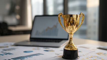 Golden trophy on business desk with charts and laptop.
