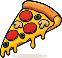 Cartoon Pizza Slice with Pepperoni Olives and Mushrooms on a White Background