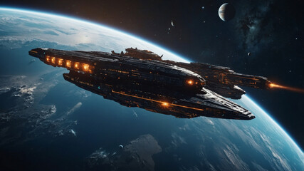 Obraz premium A massive spaceship soars through space with a planet in the background, a perfect sci-fi scene.