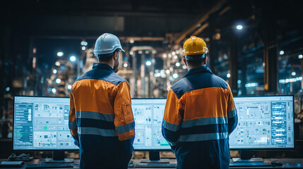 Industrial engineers planning logistics and production on digital dashboard