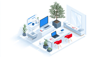 Isometric illustration of remote work setup with devices on white background.
