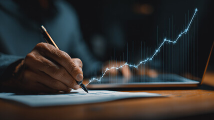 Man holding pen to sign paper, laptop with rising financial curve beside