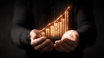 Man holding upward trending chart in hands with glowing effect.