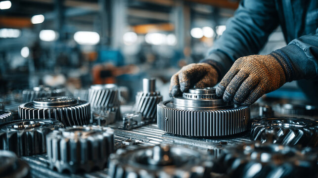 Mechanical engineer working with industrial gears and machine parts