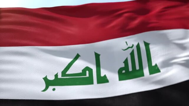 A billowing flag displays vibrant colors and bold Arabic script, representing national pride and cultural heritage in a dynamic outdoor scene.