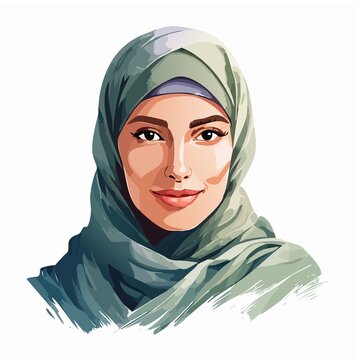 Close-up portrait of a modestly dressed woman wearing a colorful hijab, smiling warmly at the camera