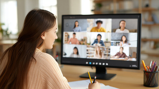 Online teacher giving a lesson via webcam with students visible on screen grid.
