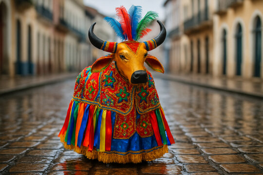 Vibrant Brazilian Boi Bumba folk costume with intricate details on a reflective wet historic cobblestone street 
