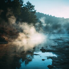 Mystical dawn landscape featuring serene water, ethereal fog, and lush forestation