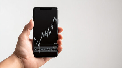 Smartphone with stock market graph on screen held by hand on white background.
