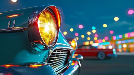 Classic car showdown vintage vehicles on display nighttime urban scene photography retro aesthetic close-up perspective nostalgia and style