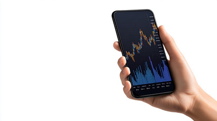Smartphone with stock market graph on screen held by hand on white background.