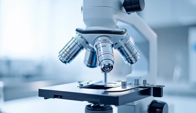 Professional laboratory microscope with multiple objective lenses, white modern scientific equipment, specimen stage and eyepiece visible