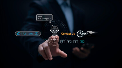 AI chatbot virtual assistant for 24/7 customer support service with futuristic contact icons and real-time communication technology for helpdesk automation and digital user engagement