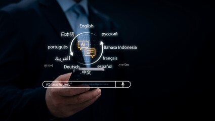 Multilingual AI assistant with real-time voice recognition and translation features on mobile interface for global communication smart language technology and seamless digital interaction