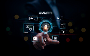 Futuristic interface showing concept of AI agents with human hand touching digital icons representing artificial intelligence, automation, data processing and smart technology in virtual environment